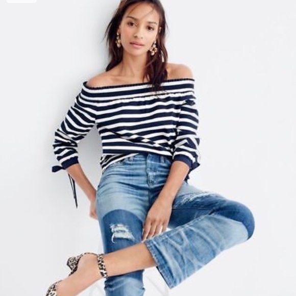 NWT J. Crew Navy & White Off-the-Shoulder Top - Picture 2 of 8